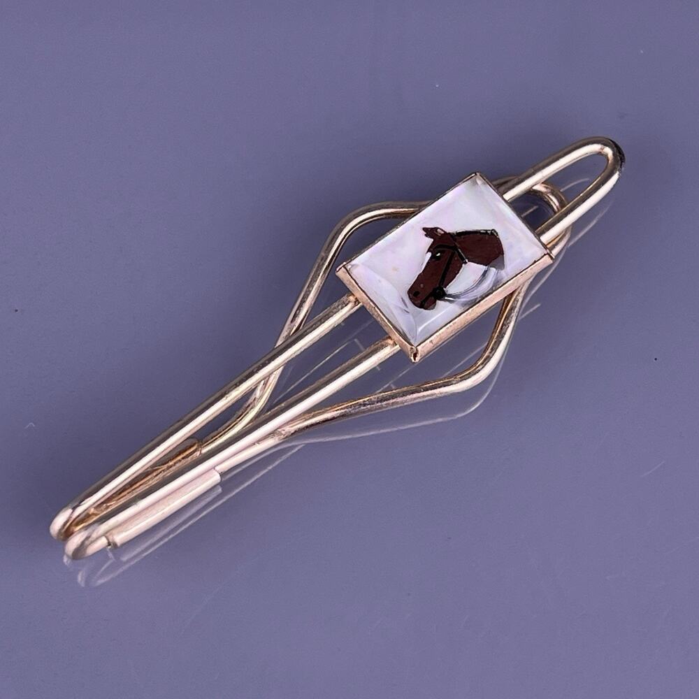 Horse Head Reverse Painted Intaglio Tie Clip Bar Gold Tone Glass Equestrian VTG